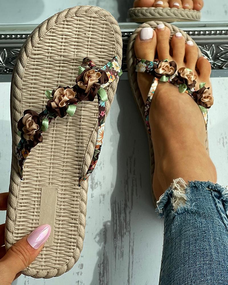 

Floral Pattern Toe Post Slippers, Khaki