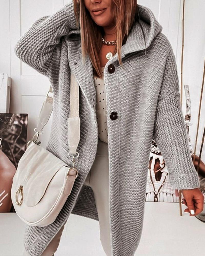 

Long Sleeve Button Front Knit Hooded Cardigan, Gray