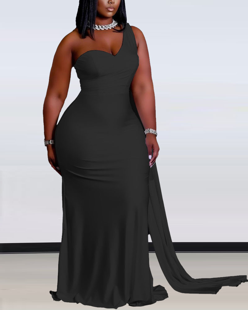 

Plus Size One Shoulder Draped Detail Prom Dress, Black