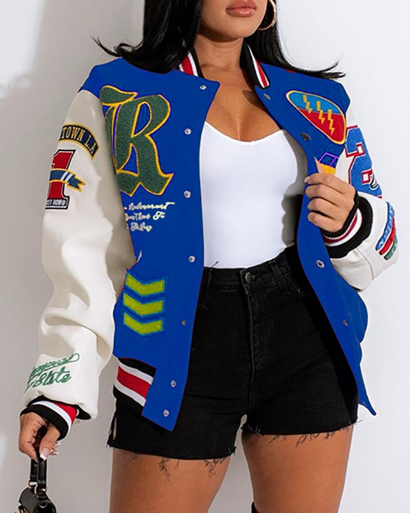 

Letter Pattern Graphic Print Long Sleeve Baseball Jacket, Blue