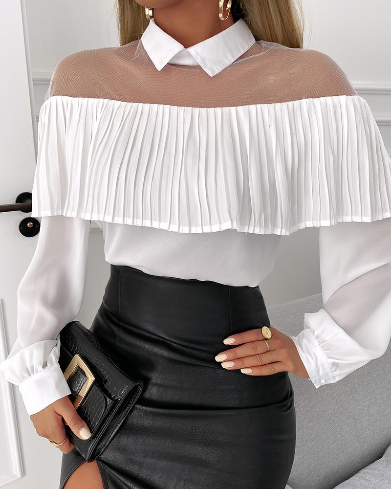 

Ruffles Hem Sheer Mesh Long Sleeve Top, White