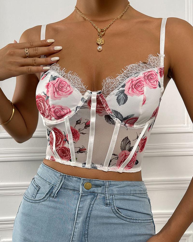 

Floral Print Contrast Lace Sheer Bustier Cami Top, White