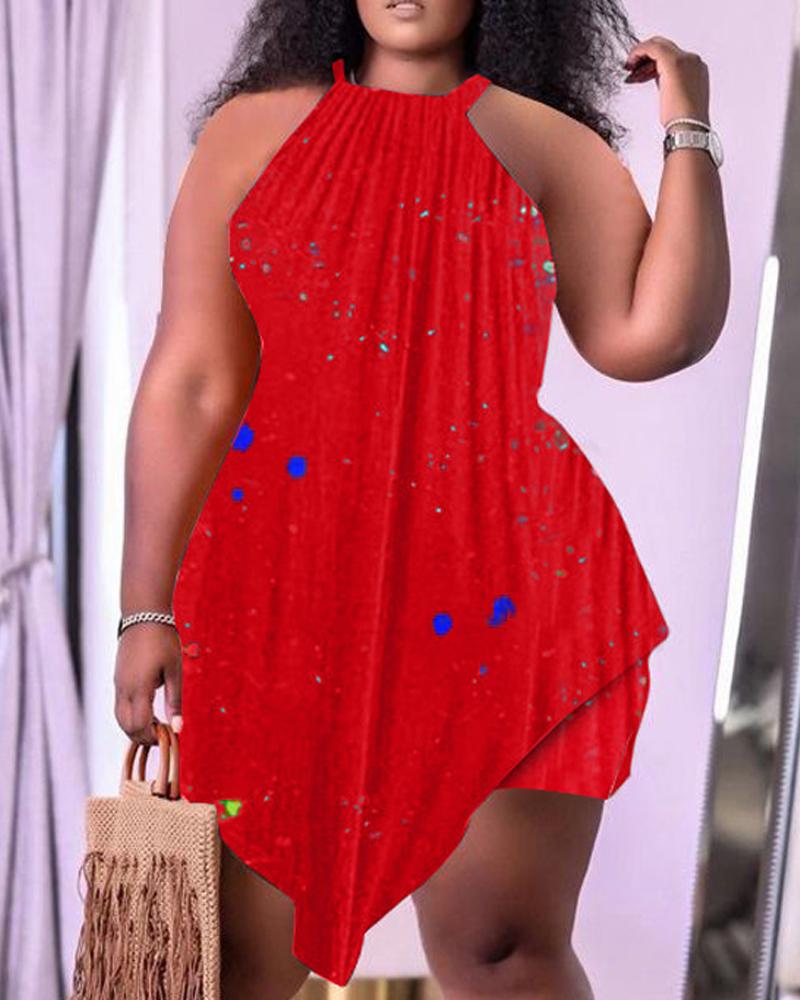 

Plus Size Allover Print Asymmetrical Hem Top & Shorts Set, Red