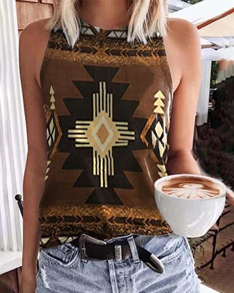 

Retro Tribal Print Casual Tank Top, Khaki