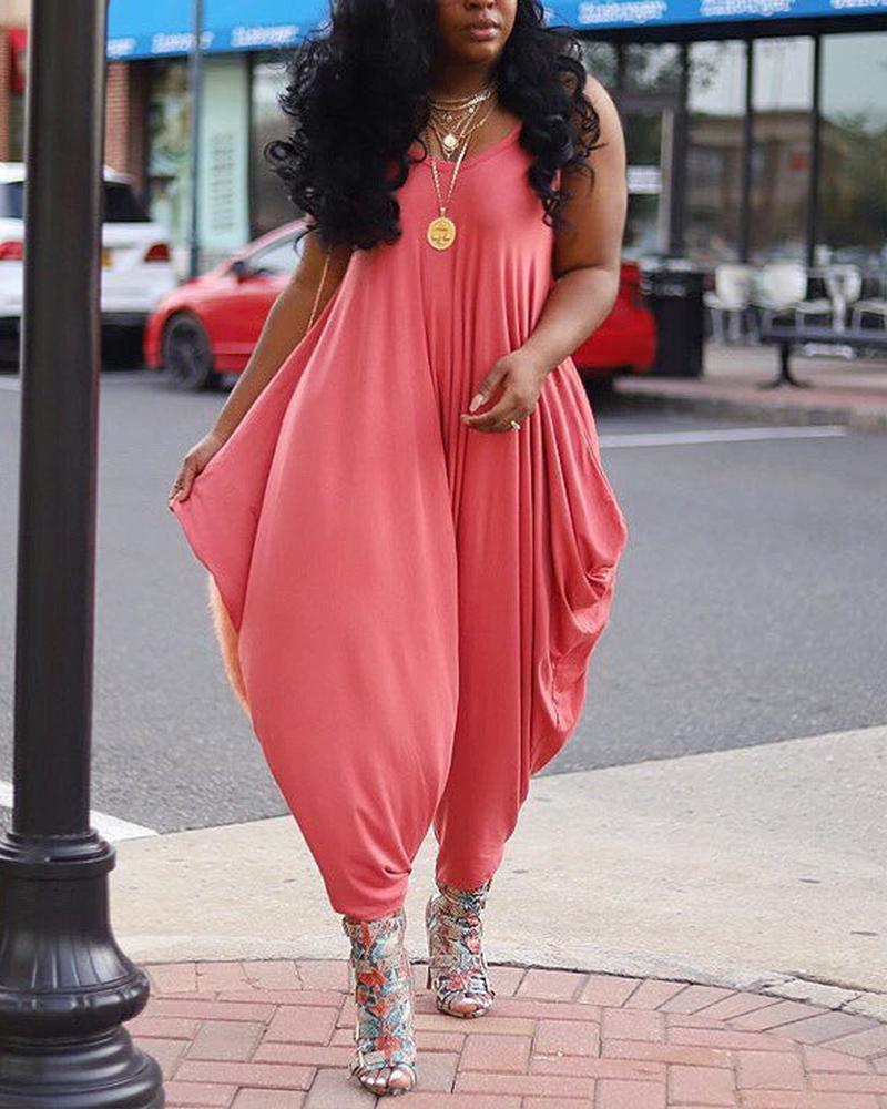 

Spaghetti Strap Draped Detail Casual Jumpsuit, Red