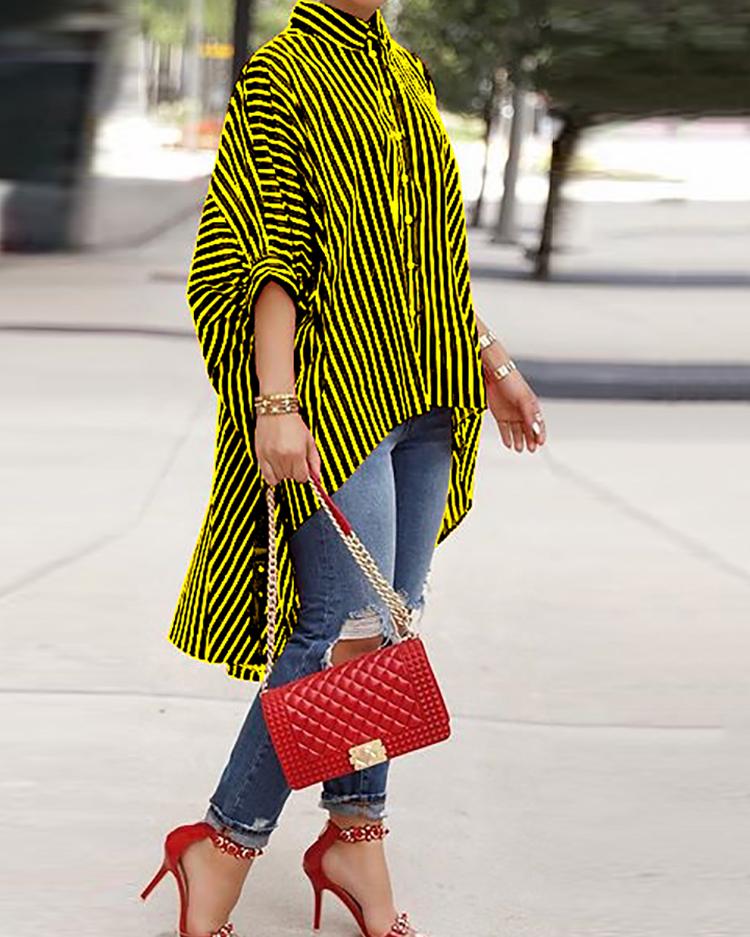 

Striped Colorblock Batwing Sleeve Dip Hem Women Top, Yellow
