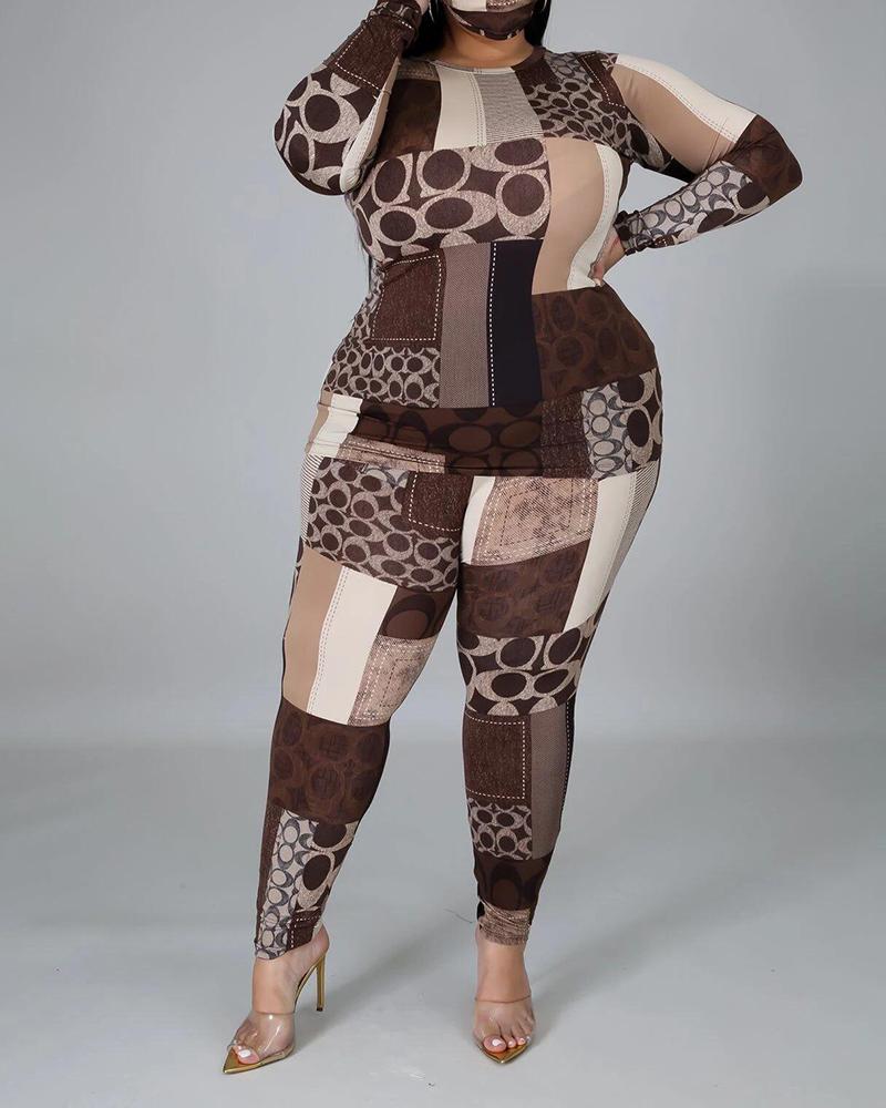 

Plus Size All Over Print Long Sleeve Top & Pants Set, Brown