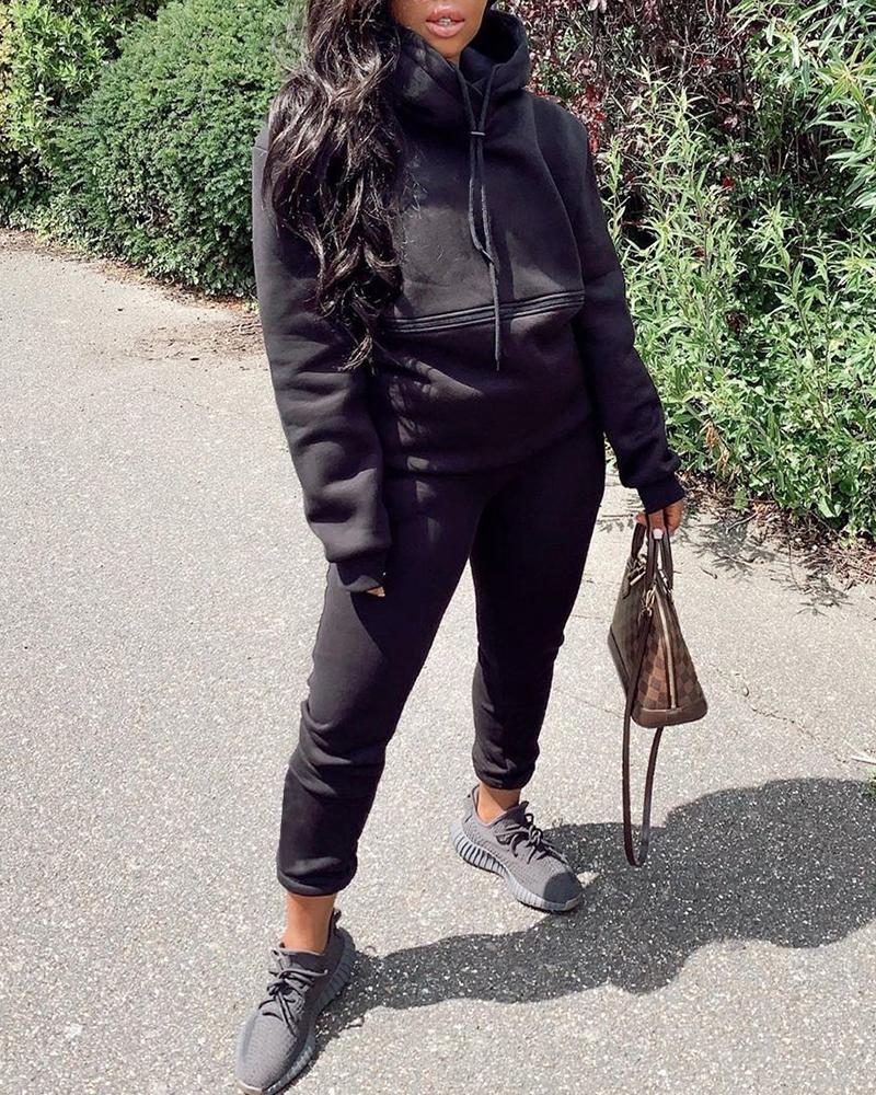 

Solid Long Sleeve Loose Hoodies Sweatshirts Suit Sets, Black