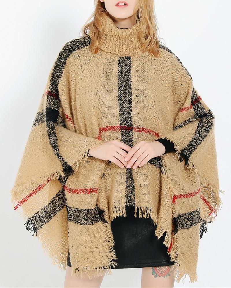 

Women's Pullover Sweater Fall Winter Oversized Cape Plaid Turtleneck Fringe Hem Poncho Shawl Scarf, Khaki