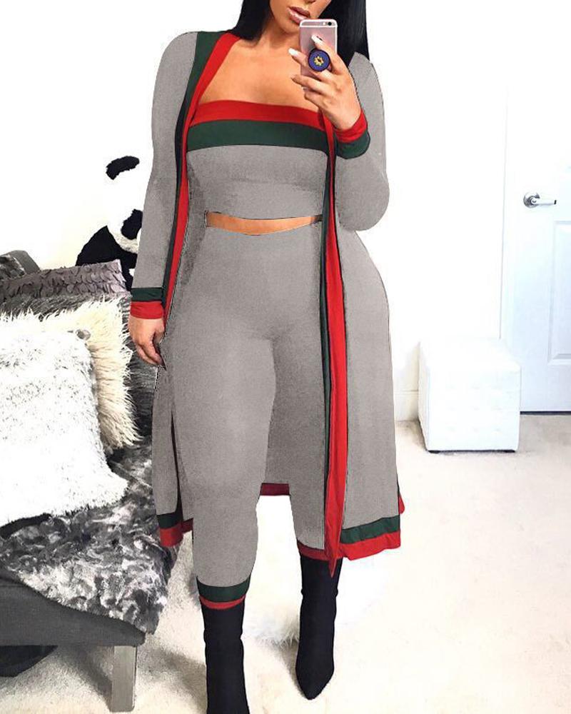 

3PCS Contrast Paneled Crop Tube Top & Pants Set With Longline Coat, Gray