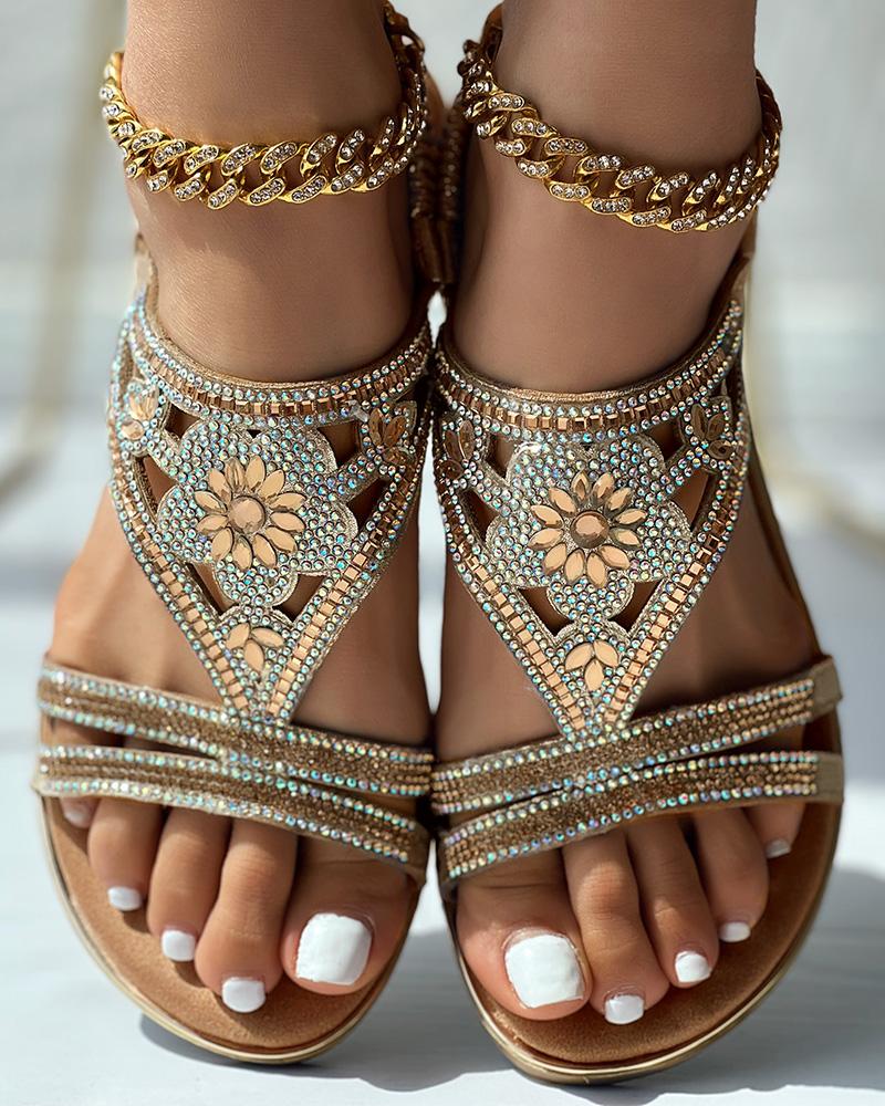 

Rhinestone Tribal Floral Pattern Summer Beach Sandals, Gold