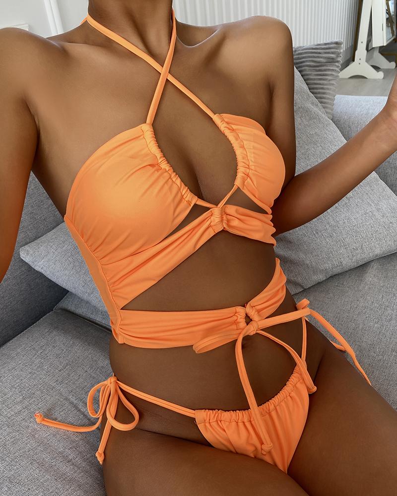 

Halter Cutout Front Ruched Bikini Sets, Orange