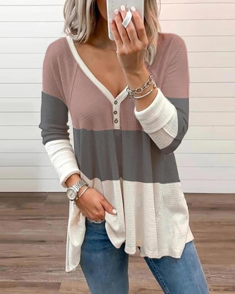 

Colorblock V-Neck Button Decor Top, White