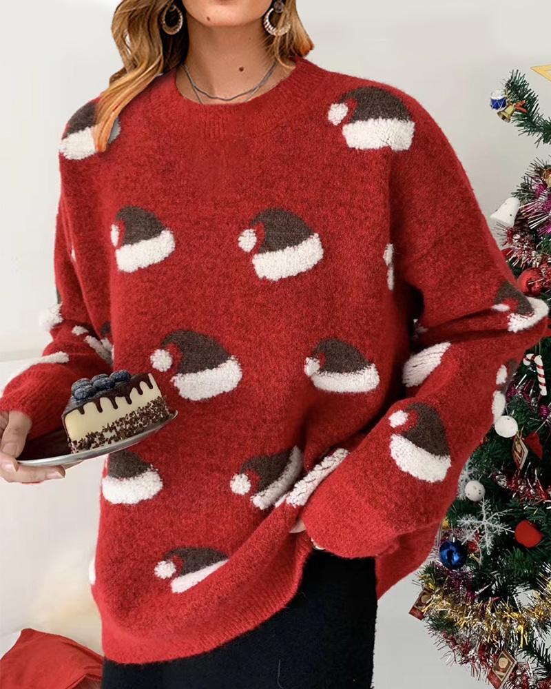 

Christmas Hat Print Long Sleeve Sweater, Red
