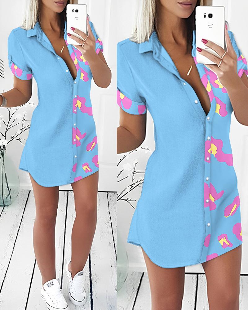 

Leopard Print Colorblock Buttoned Shirt Dress, Blue