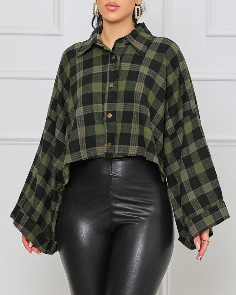 

Plaid Print Button Design Bell Sleeve Shirt, Green