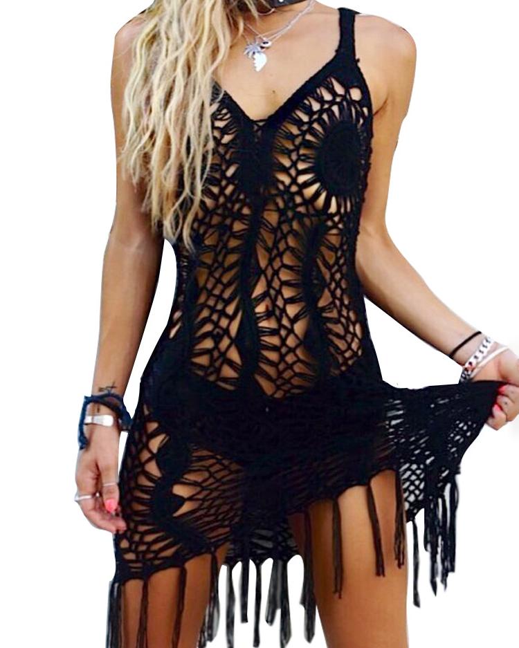 

Hollow Out Strappy Crochet Tassel Cover Ups - Black