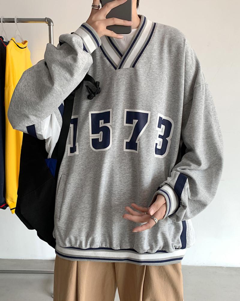 

Color Block Letter Print Long Sleeve T-shirt, Gray