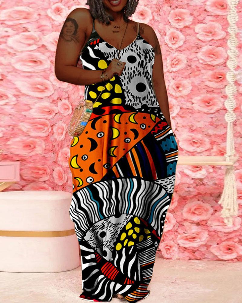 

Plus Size Abstract Print Spaghetti Strap Maxi Dress, Black