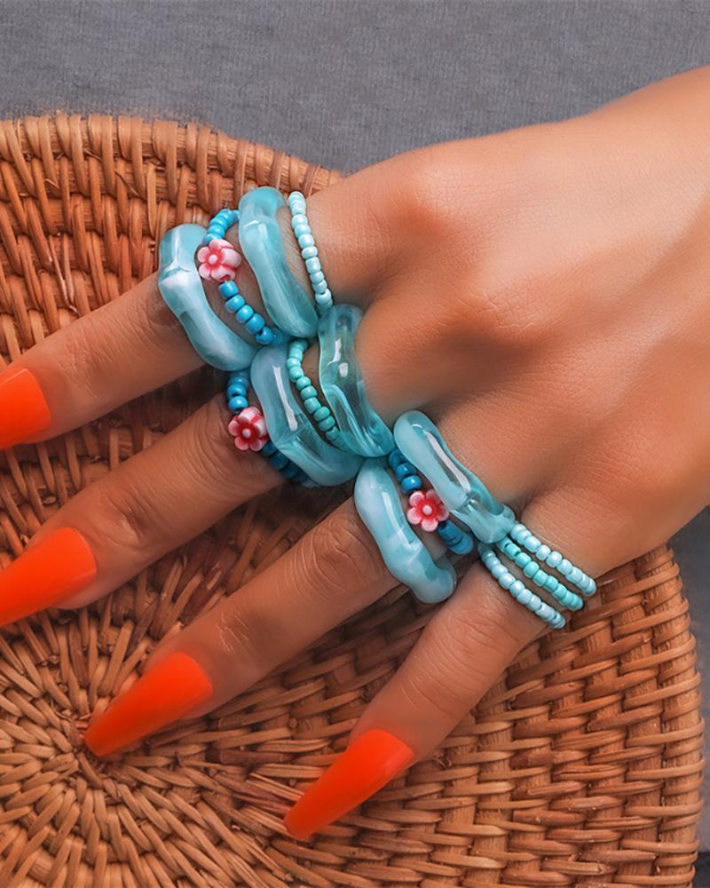 

14pcs Floral Pattern Beaded Bohemian Rings Set, Style4