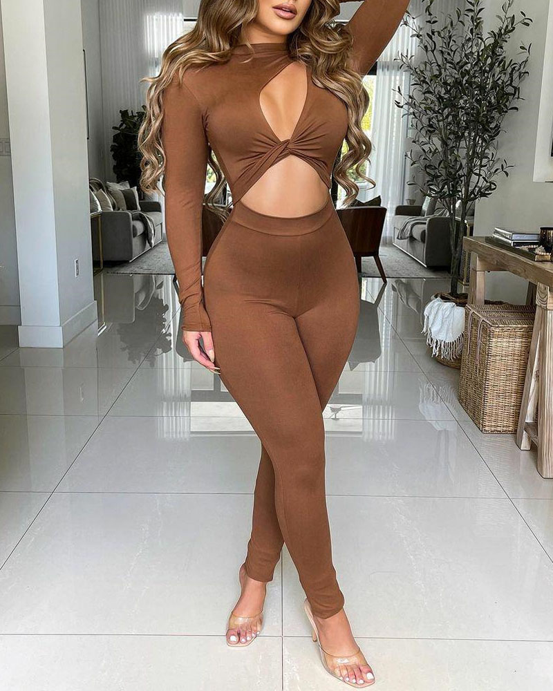 

Cutout Twist Front Long Sleeve Skinny Jumpsuit, Brown