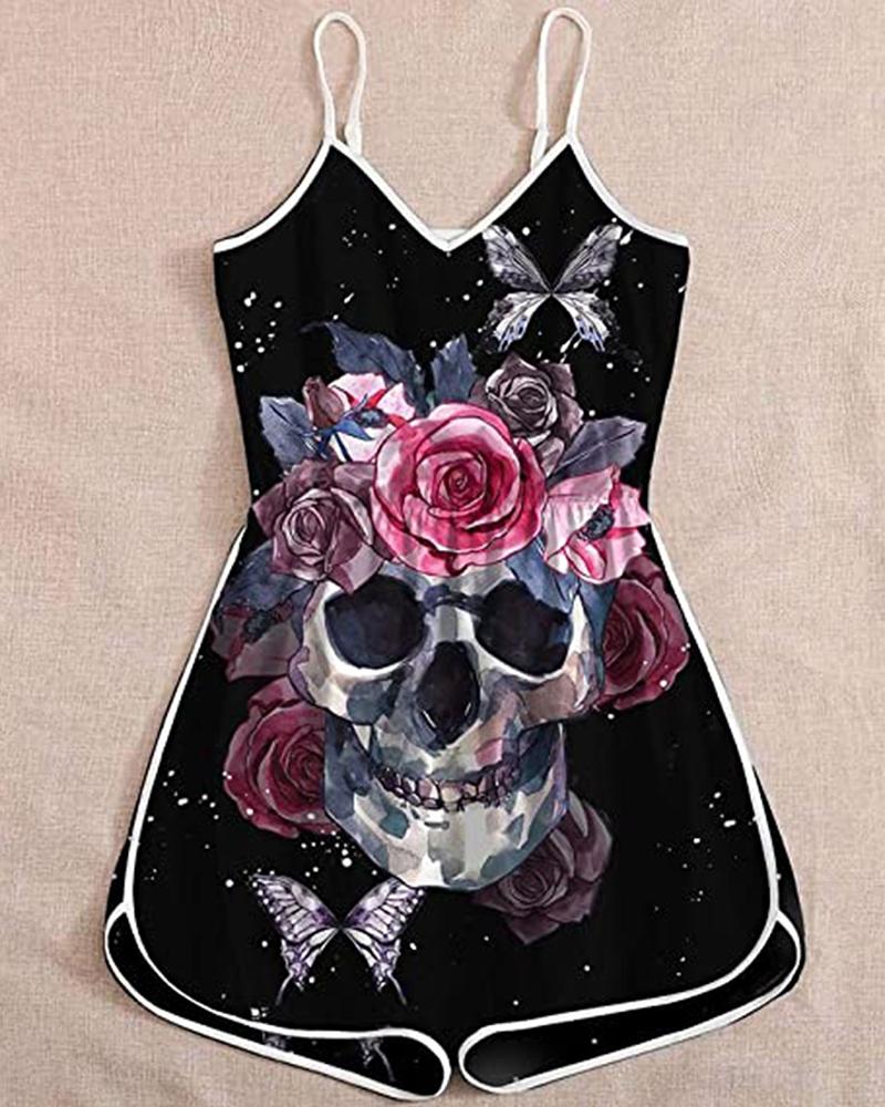 

Halloween Contrast Binding Skull Floral Print Romper, Black