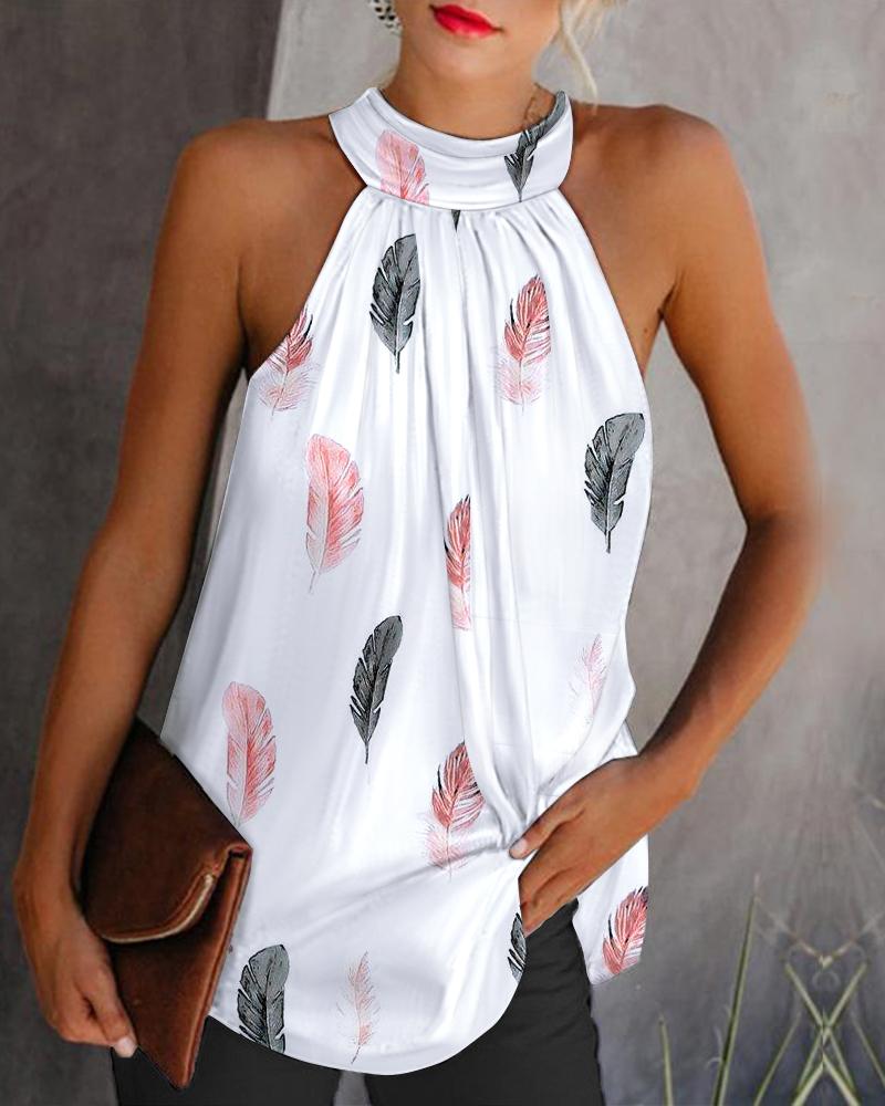 

Feather Print Casual Tank Top, White