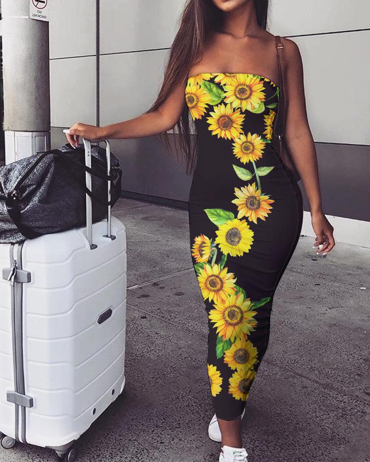 

Off Shoulder Tube Sunflower Print Skinny Dress, Black