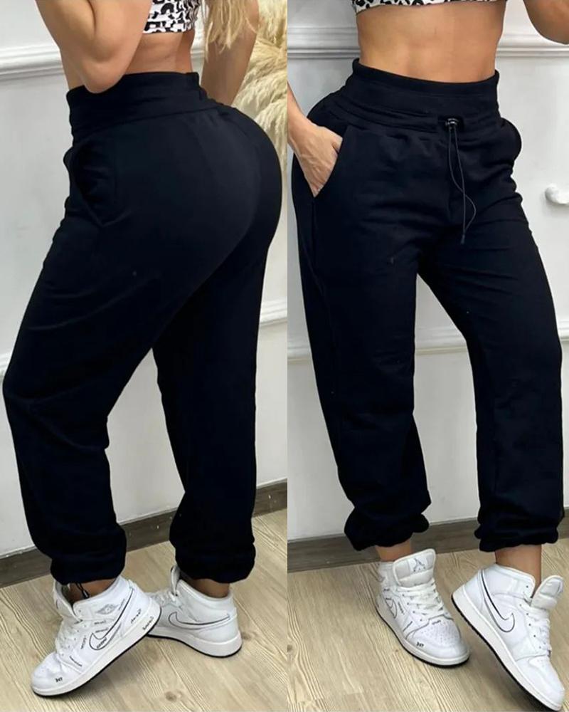 

High Waist Drawstring Cuffed Pants, Black