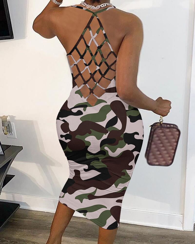 

Camouflage Print Fishnet Backless Bodycon Dress, Camoflage