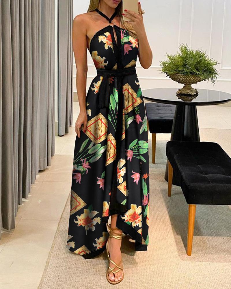 

Floral Print O-Ring Halter Maxi Dress, Black