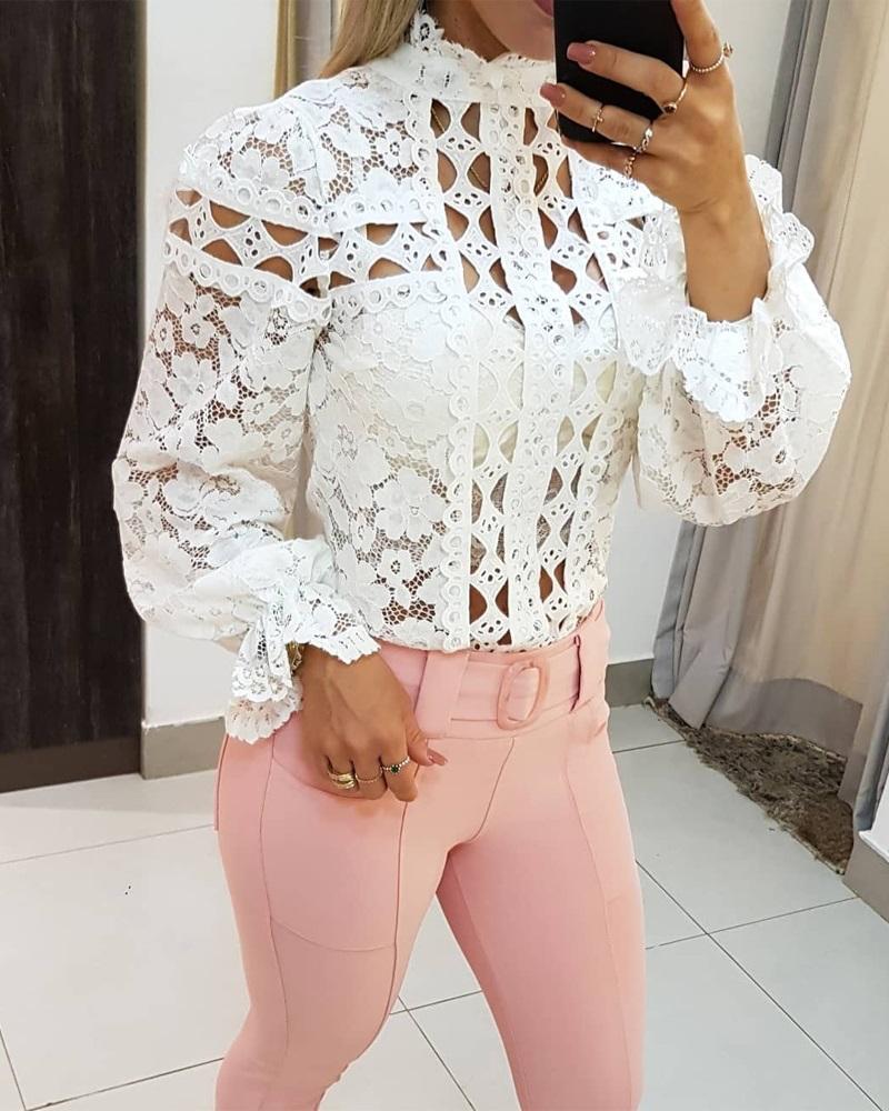 

Hollow Out Long Sleeve Crochet Lace Top, White