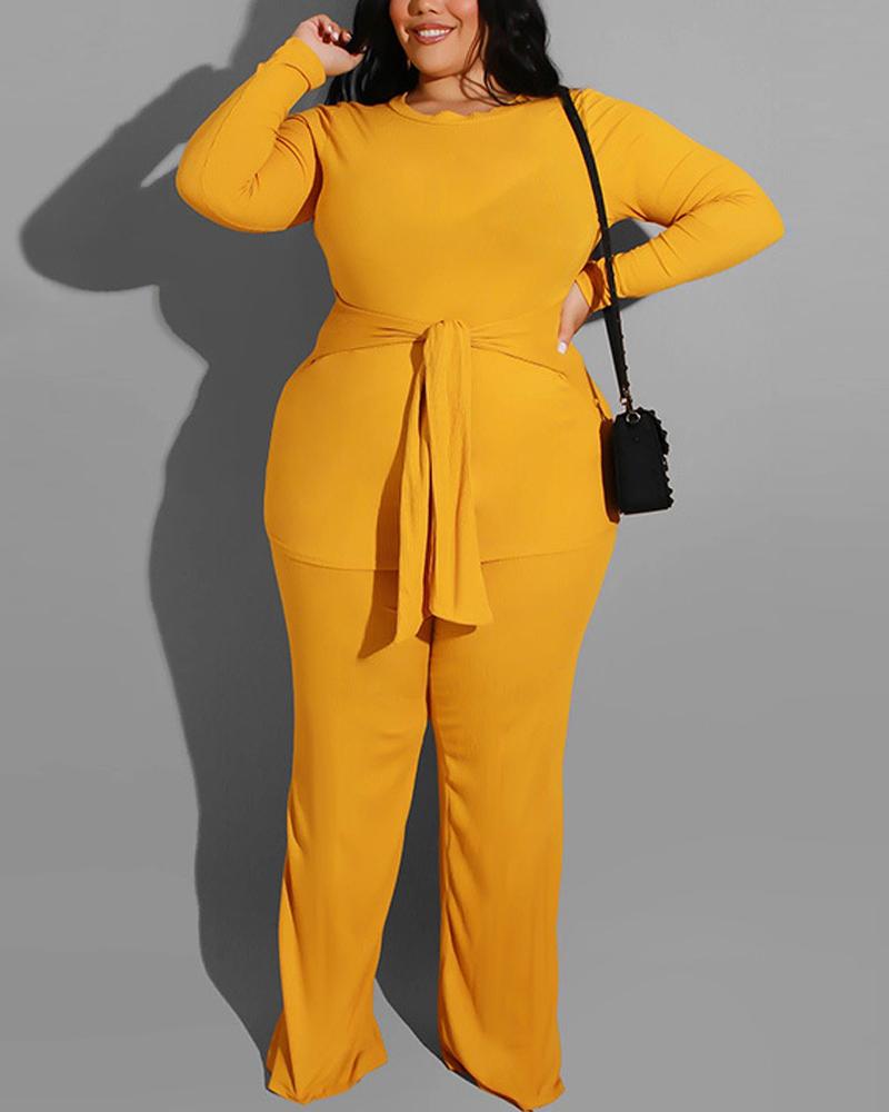 

Plus Size Long Sleeve Tie Front Top & Pants Set, Yellow