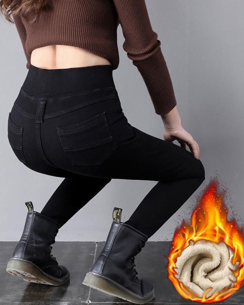 

High Waist Thermal Warm Fleece Lined Leggings, Black