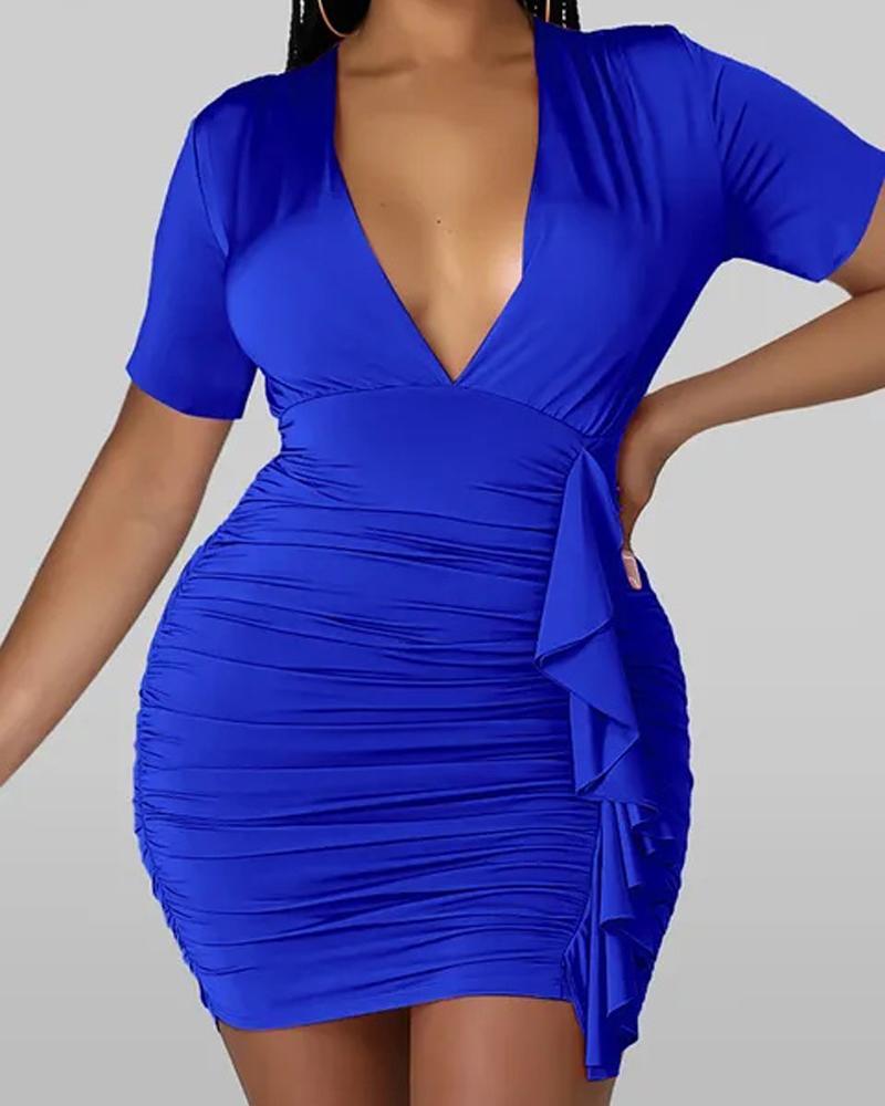 

Plunging Neck Draped Detail Ruched Bodycon Dress, Blue