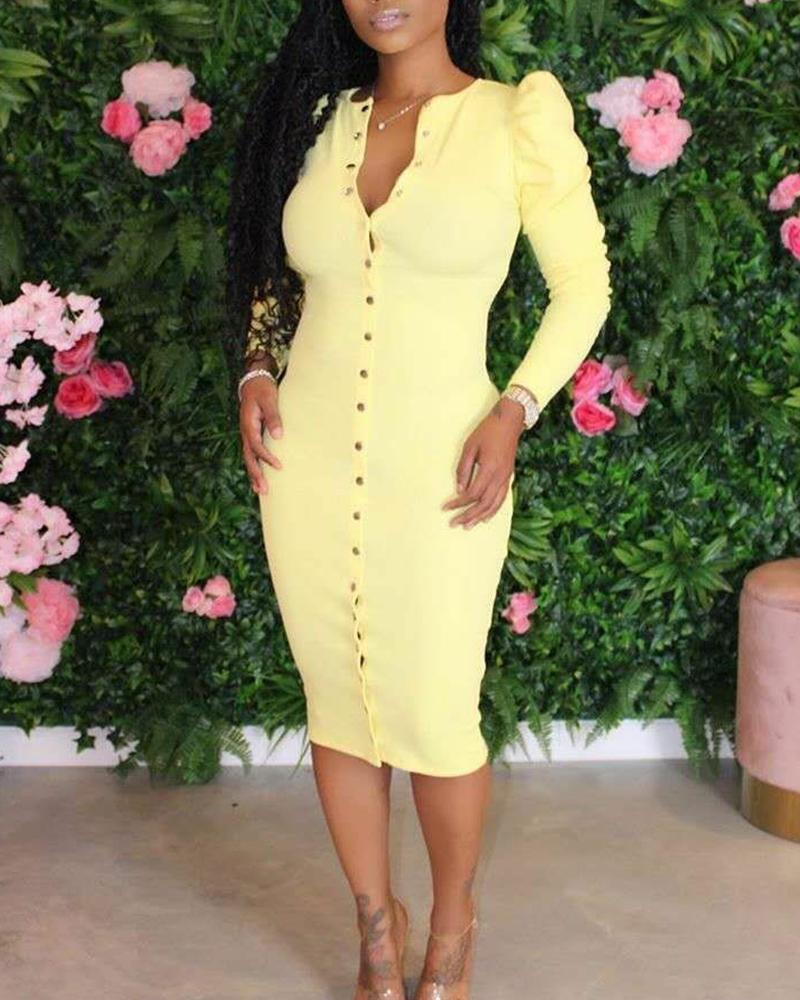 

Button Through Puff Sleeve Skinny Dress, Yellow