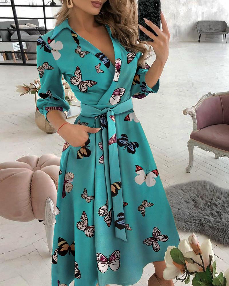 

Pocket Design Butterfly Print Wrap Dress, Green