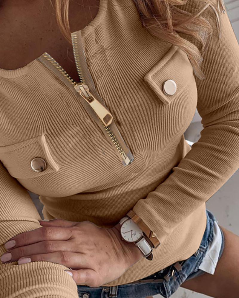 

Zip Front Long Sleeve Top, Khaki