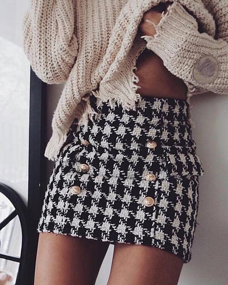 

Houndstooth Print Button Decor Pocket Mini Skirt, Black&white