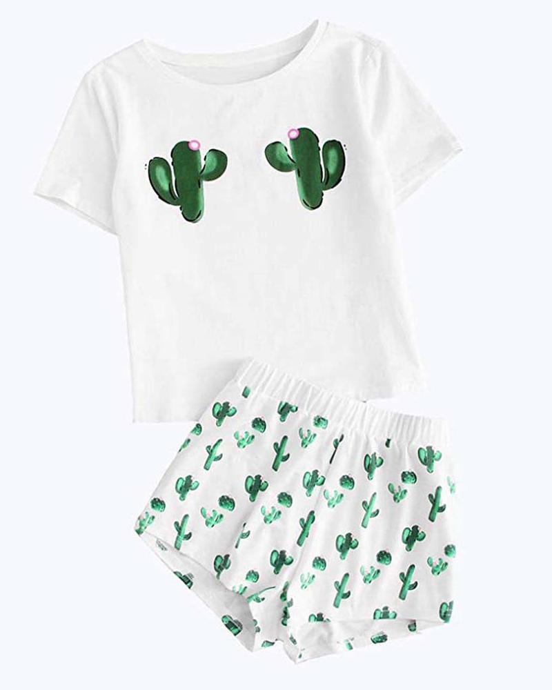 

Print Short Sleeve Pajamas Set, White