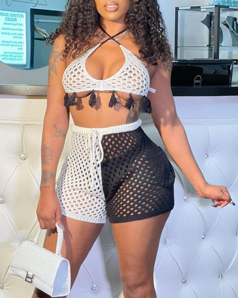 

Tassel Patch Strap Sleeveless Loose Tank With Shorts Suit Sets, Style2
