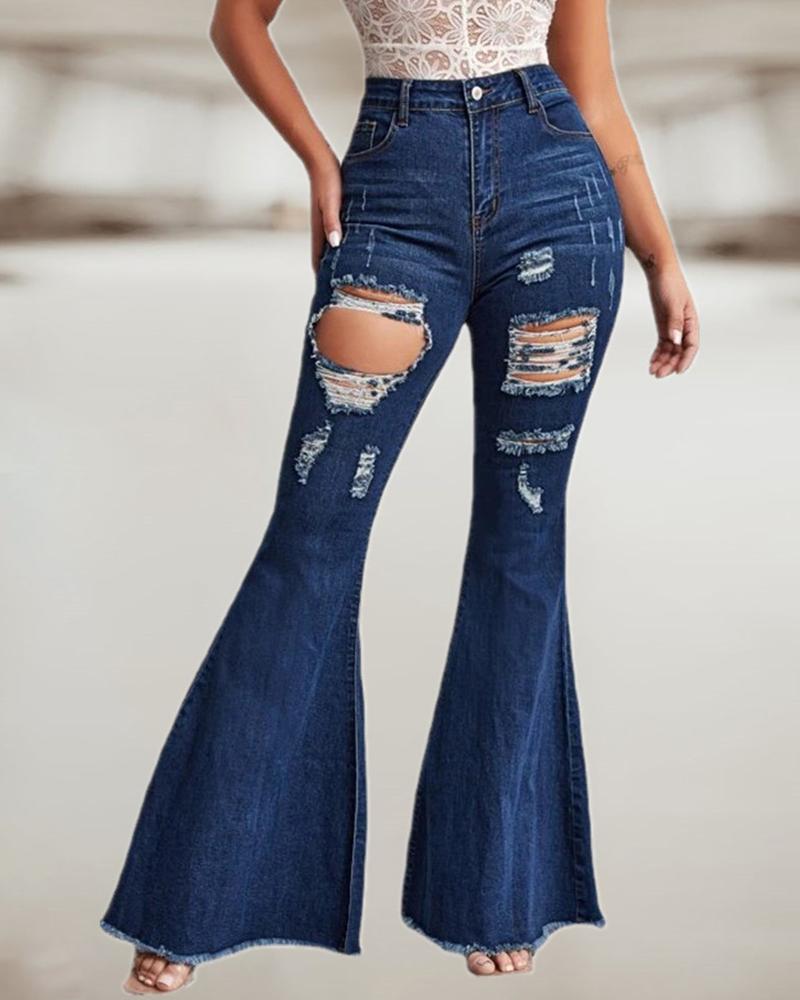 

Ripped Cutout Fringe Hem Bootcut Jeans, Blue