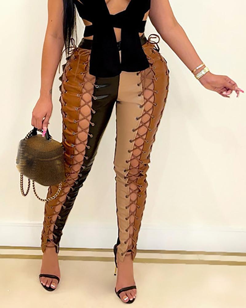 

Colorblock High Waist Eyelet Lace-up PU Leather Pants, Black