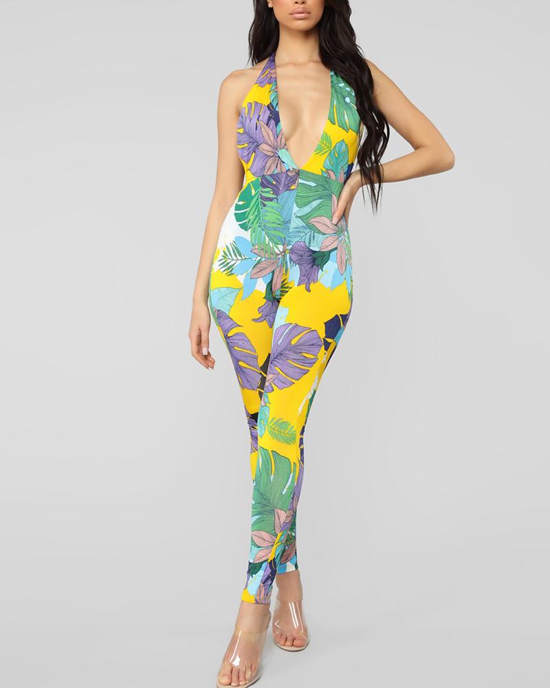 

Tropical Print Plunge Open Back Jumpsuit, Multicolor