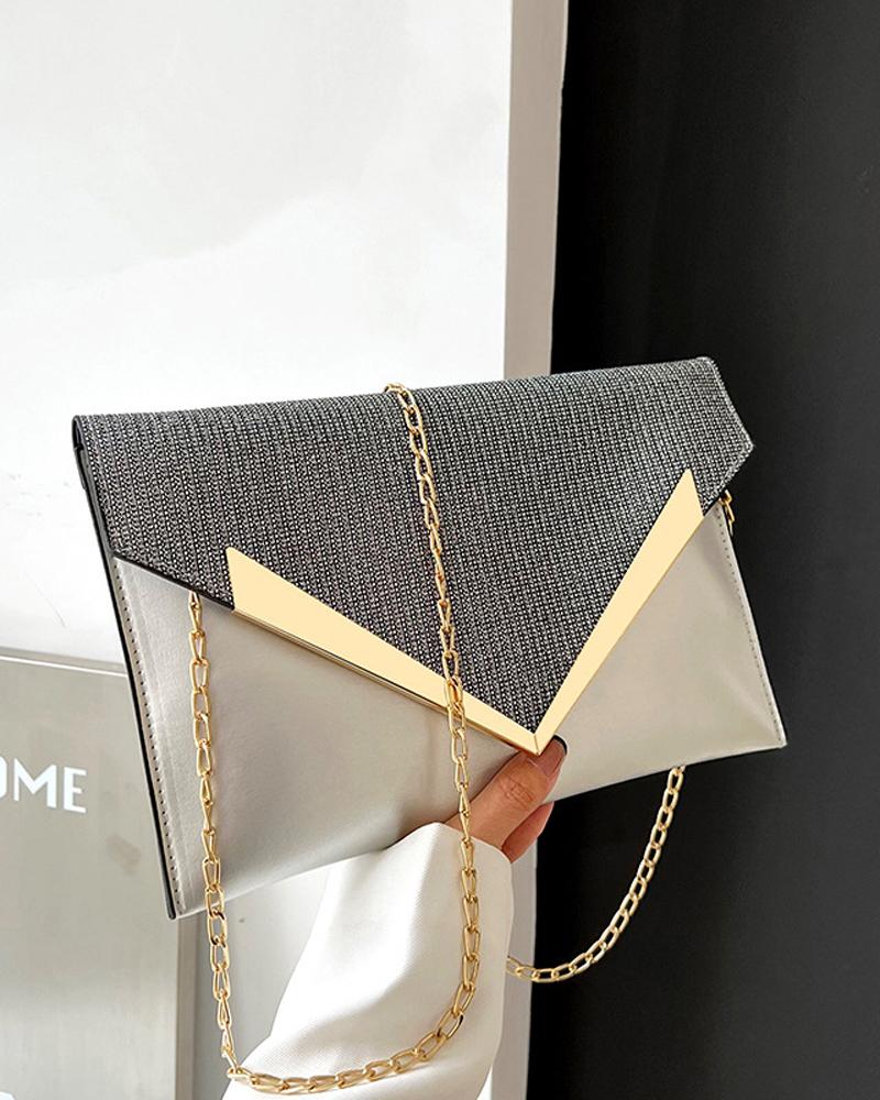 

Contrast Sequin Metal Edge Flap Clutch Bag With Chain Strap, Silver