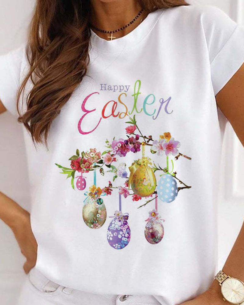 

Happy Easter Eggs Floral Print Casual T-shirt, White