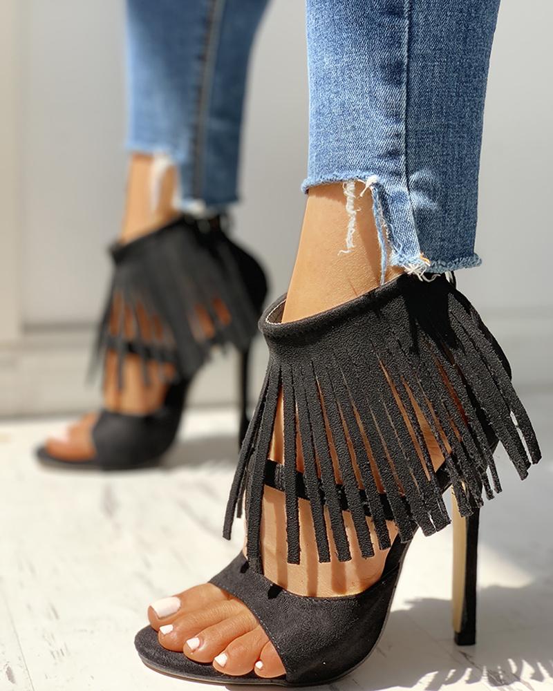 

Solid Tassels Cut Out Thin Heeled Sandals, Black