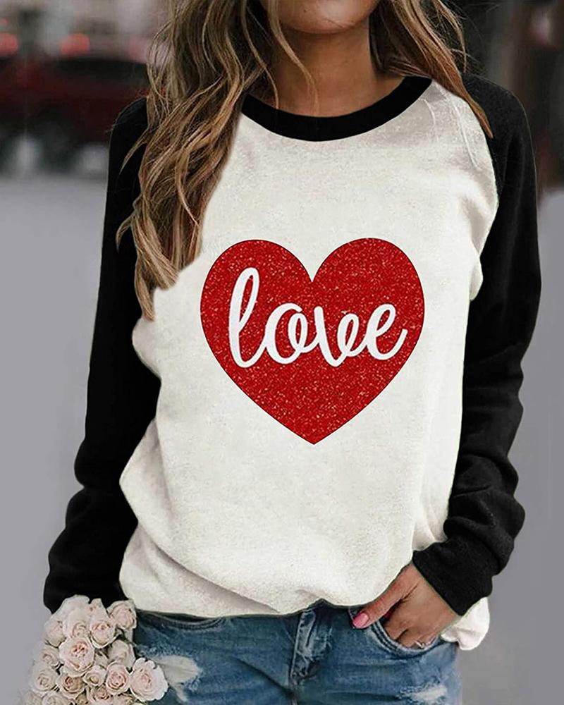 

Heart Print Long Sleeve Colorblock T-shirt, Black