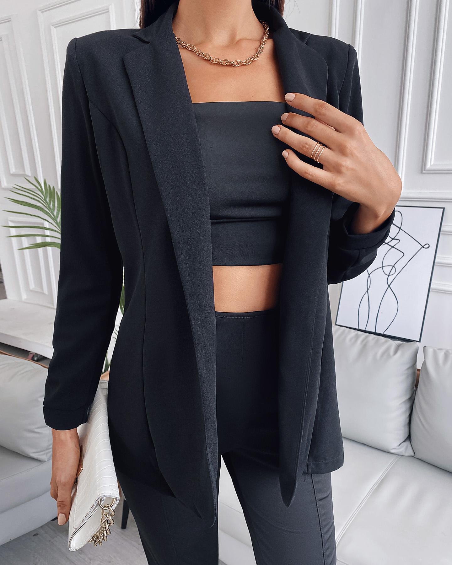 

Bandeau Crop Top & Long Sleeve Blazer Coat Set, Black