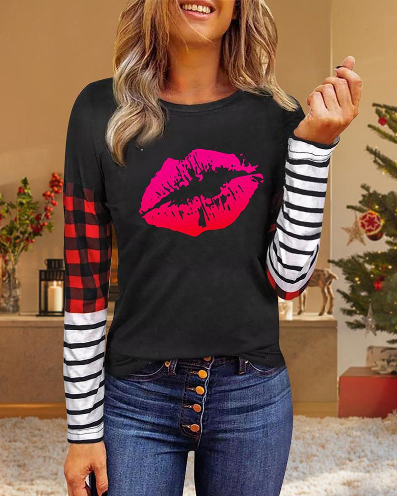 

Valentine' Day Lip Plaid Striped Print Long Sleeve Top, Black